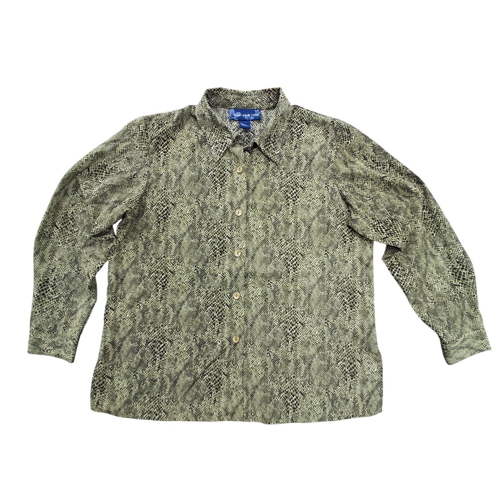 Susan Graver Style Snakeskin Print Button Down Shirt Olive Green Black Large